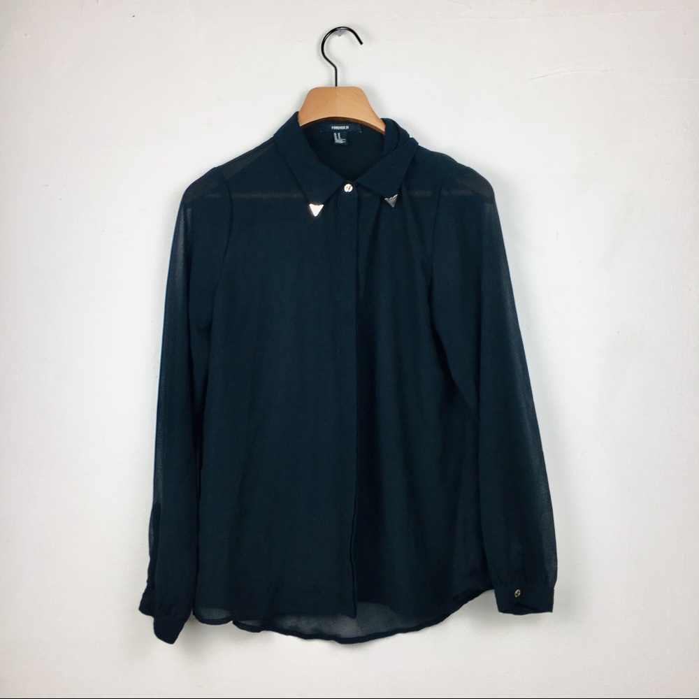Forever 21 | Black Transparent Button Down with Gold Collar Tips | M